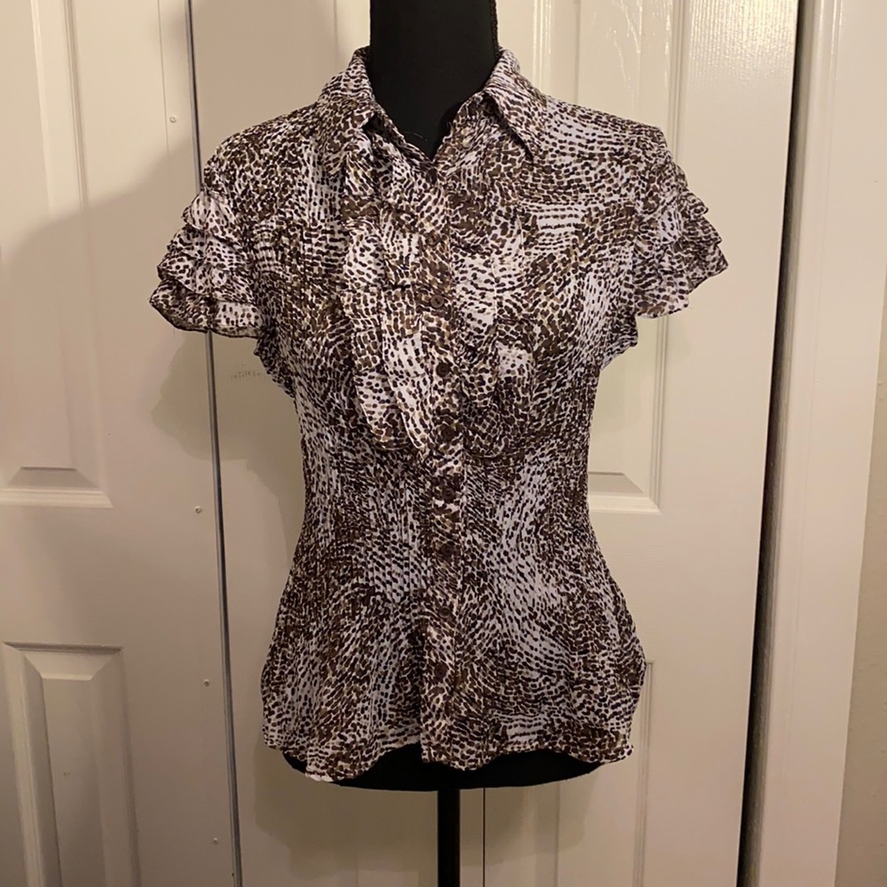 East 5th | women’s blouse | bottom down | dot print | brown-black | medium